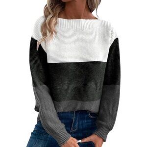 Women's Black Long Sleeve Crew Neck Color Block Fall Fashion Pullover Sweaters